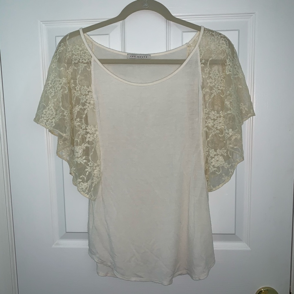 Red Haute lace flutter sleeve top